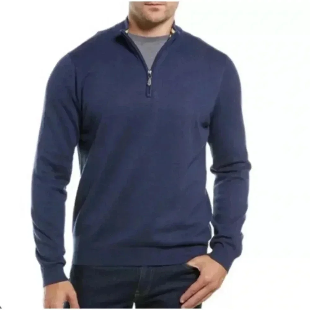 J McLaughlin Men's Navy Blue 1/4 Zip Mock Neck Cotton Pullover TATE Sweater XL - Picture 1 of 14